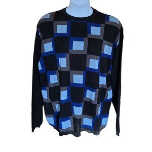 Bachrach Black Blue Geometric Checkered Vintage Sweater Made In Italy Wool Blend